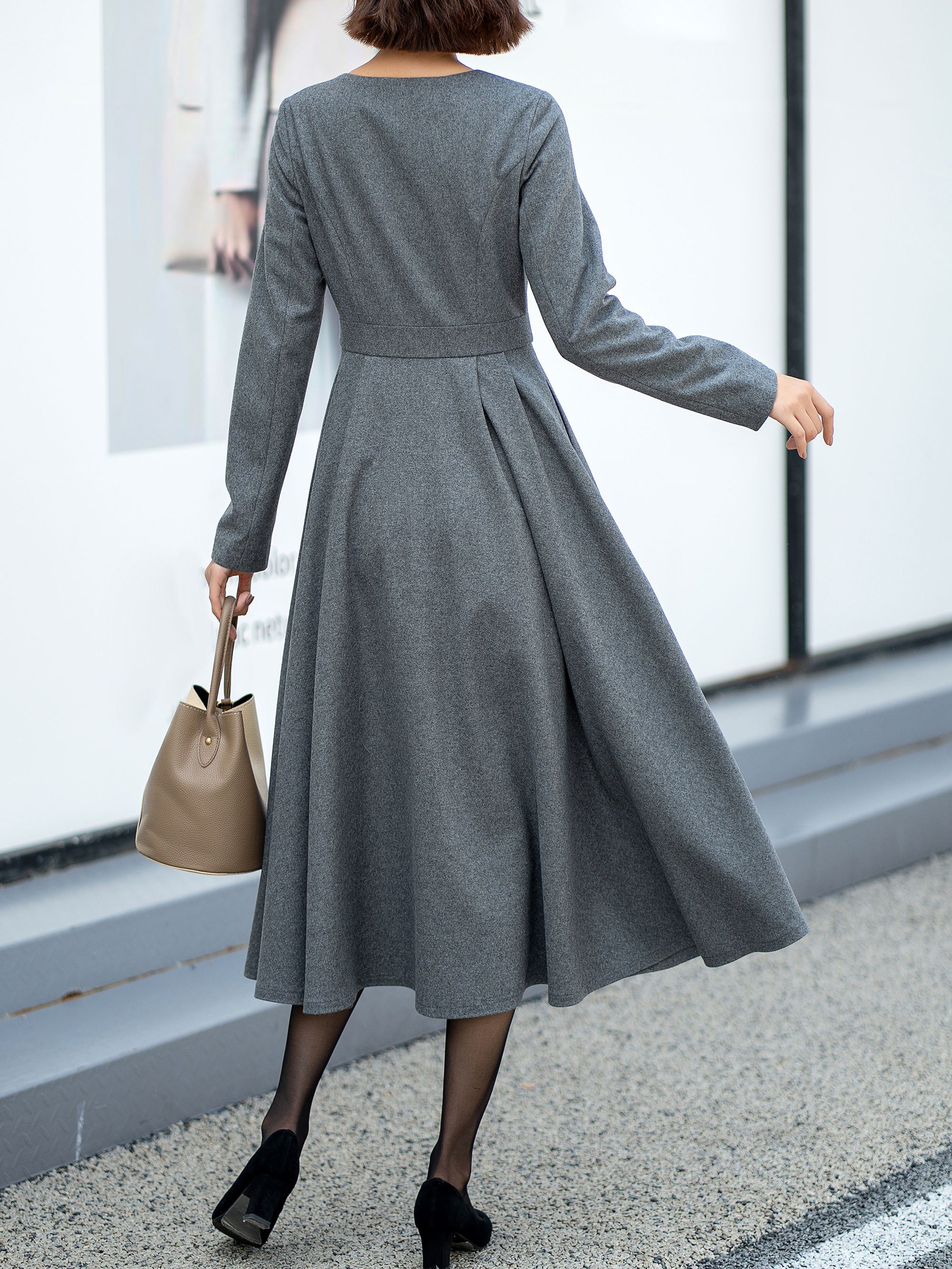 grey wool long sleeve dress Midi Dress, Gray Wool Dress, Winter Wool women, Sleeves Wool Dress, Fit and Flare Dress, Womens Dresses, Custom Dress L0534 plp-51494