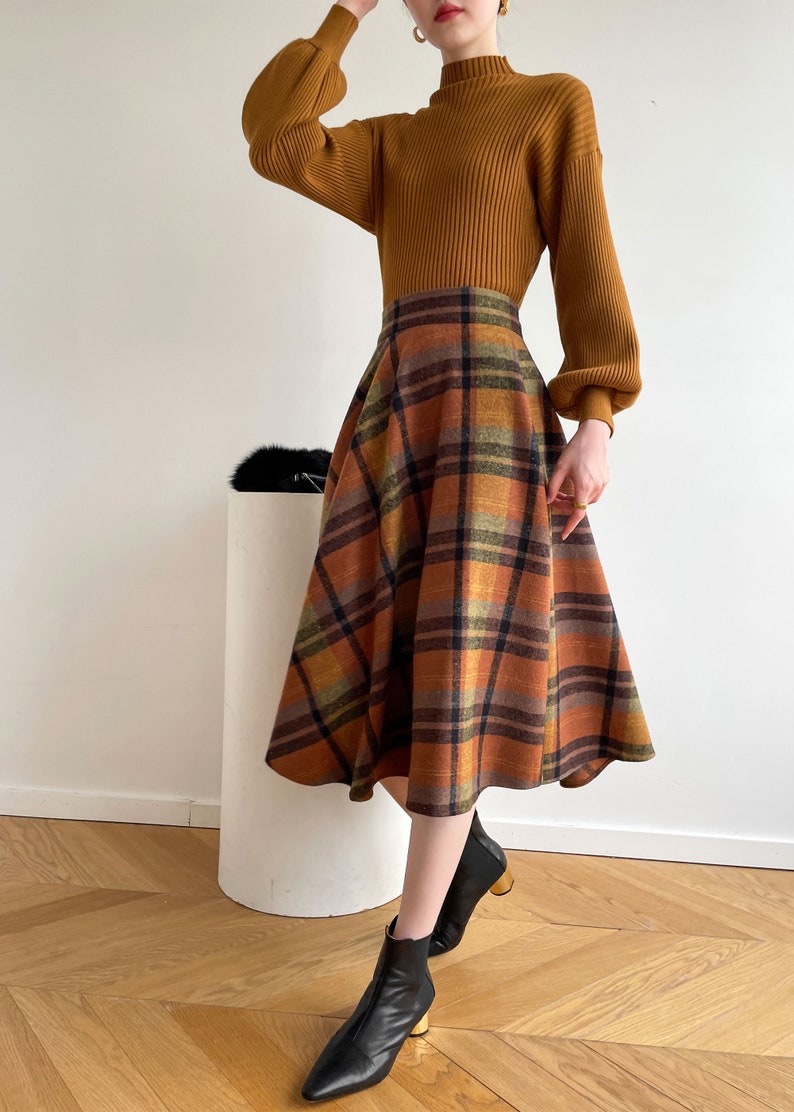 Plaid Wool Midi Skirt Women Plaid Skirt Wool Circle Skirt Etsy