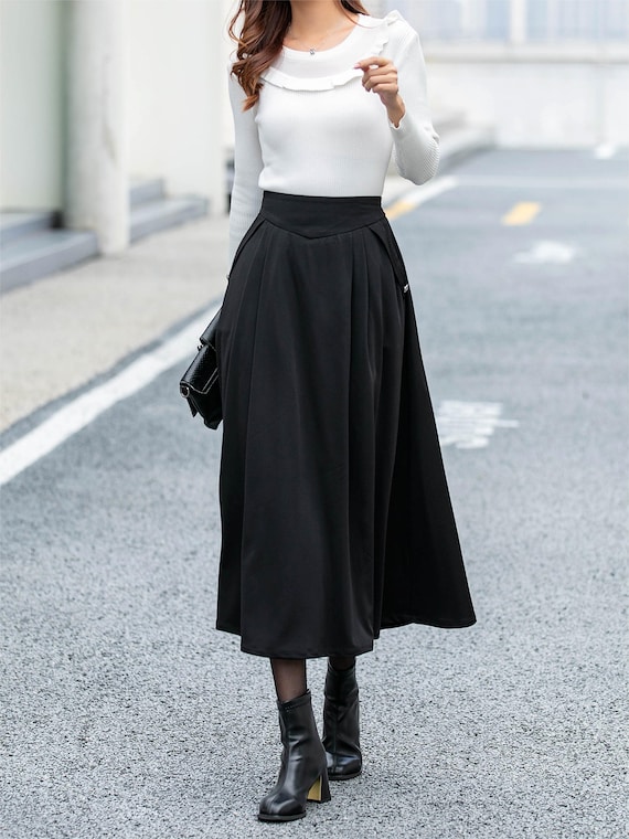 Black Midi Skirt, Womens Swing Skirt, High Waisted Skirt, A
