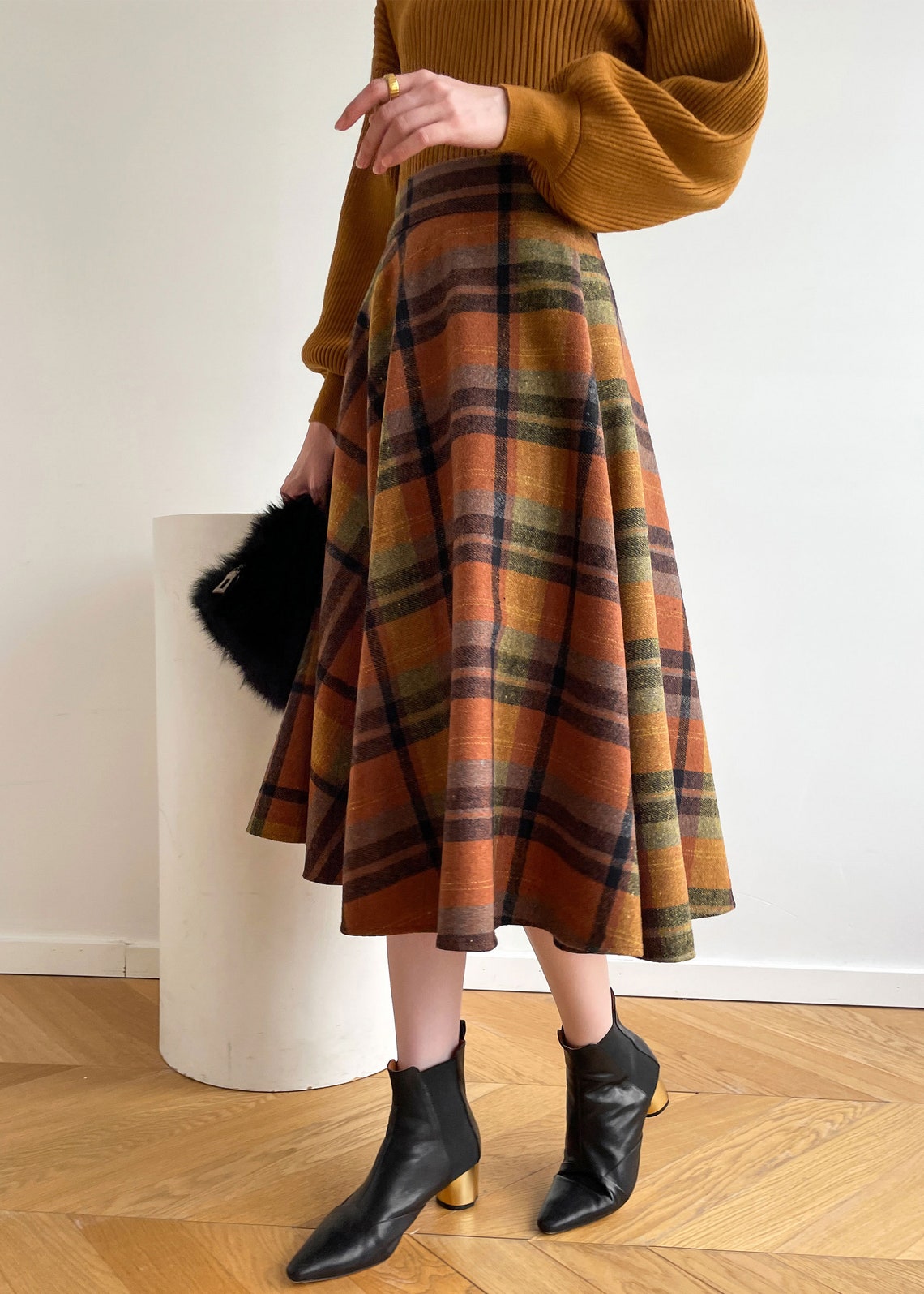 Plaid Wool Midi Skirt Women Plaid Skirt Wool Circle Skirt Etsy