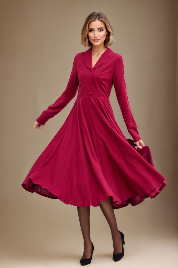 Wool Dress, Womens Wool Dress, Burgundy Long Dress, Swing Dress, Fitted and Flare  Dress, Autumn Dress, Winter Dress, Custom Dress L0656 - Etsy New Zealand