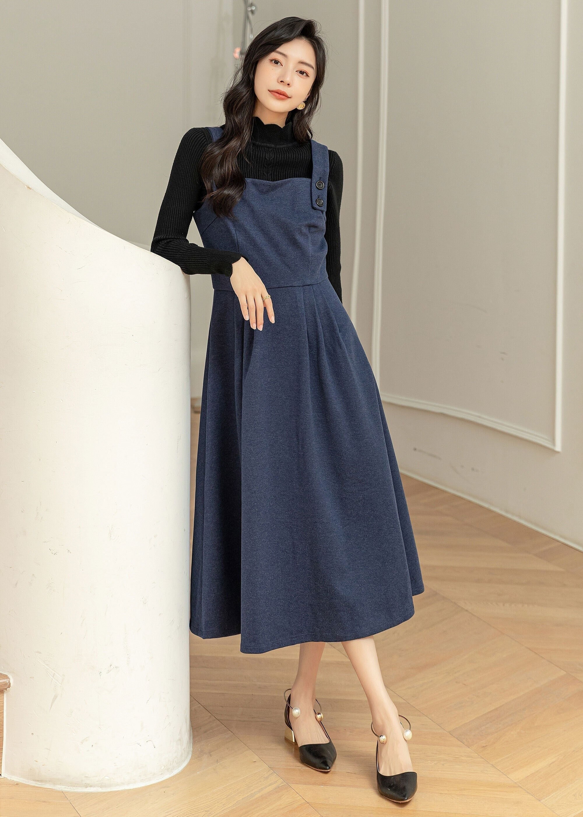 Wool dress, Blue pinafore dress, Suspender dress, Wool Midi dress for Women, Autumn Wool dress Women, Custom dress L0240