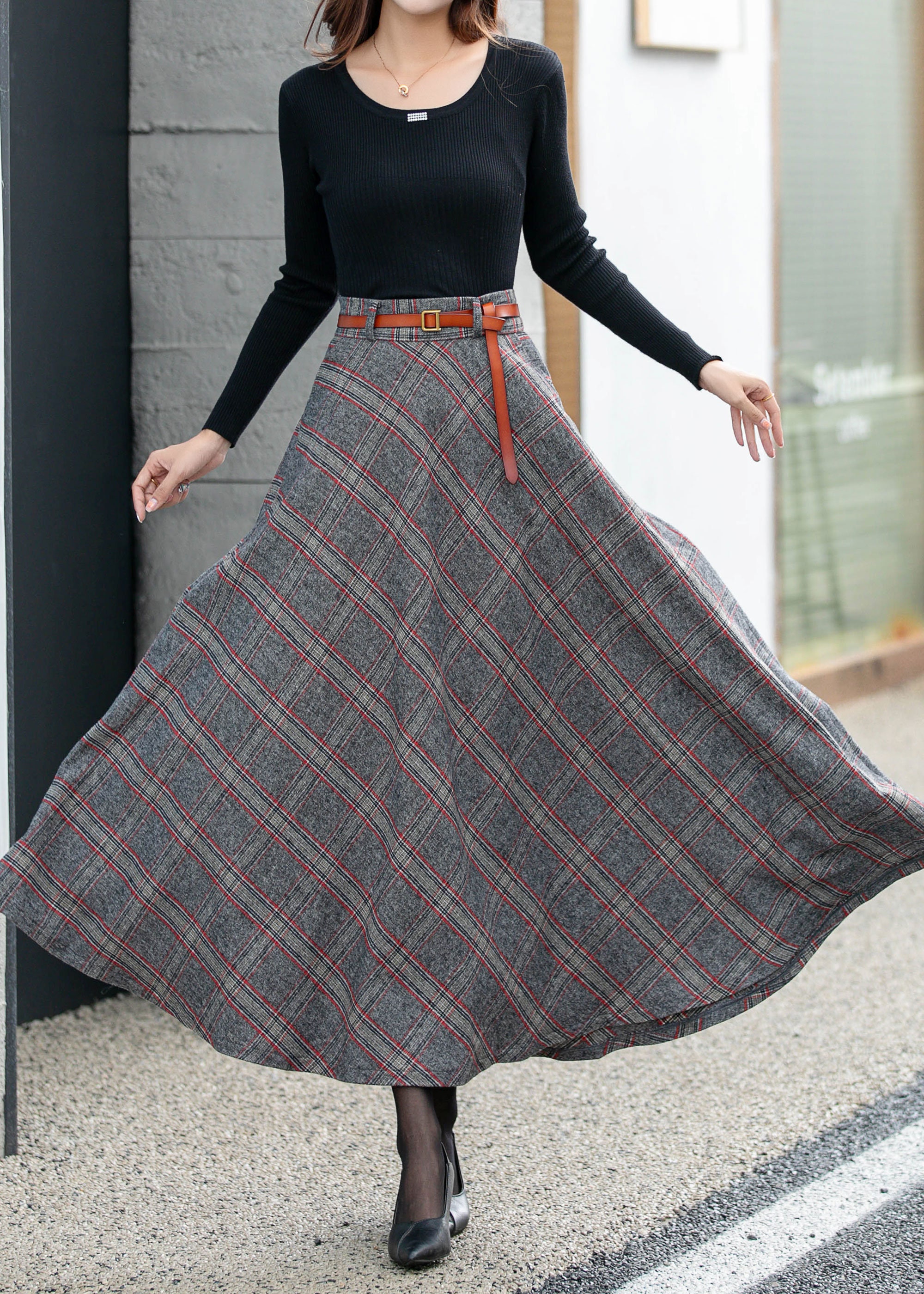 【COLOR iN ID】Check wool layered skirt Plaid Wool Skirt, Wool Maxi Skirt Women, Winter Skirt Women