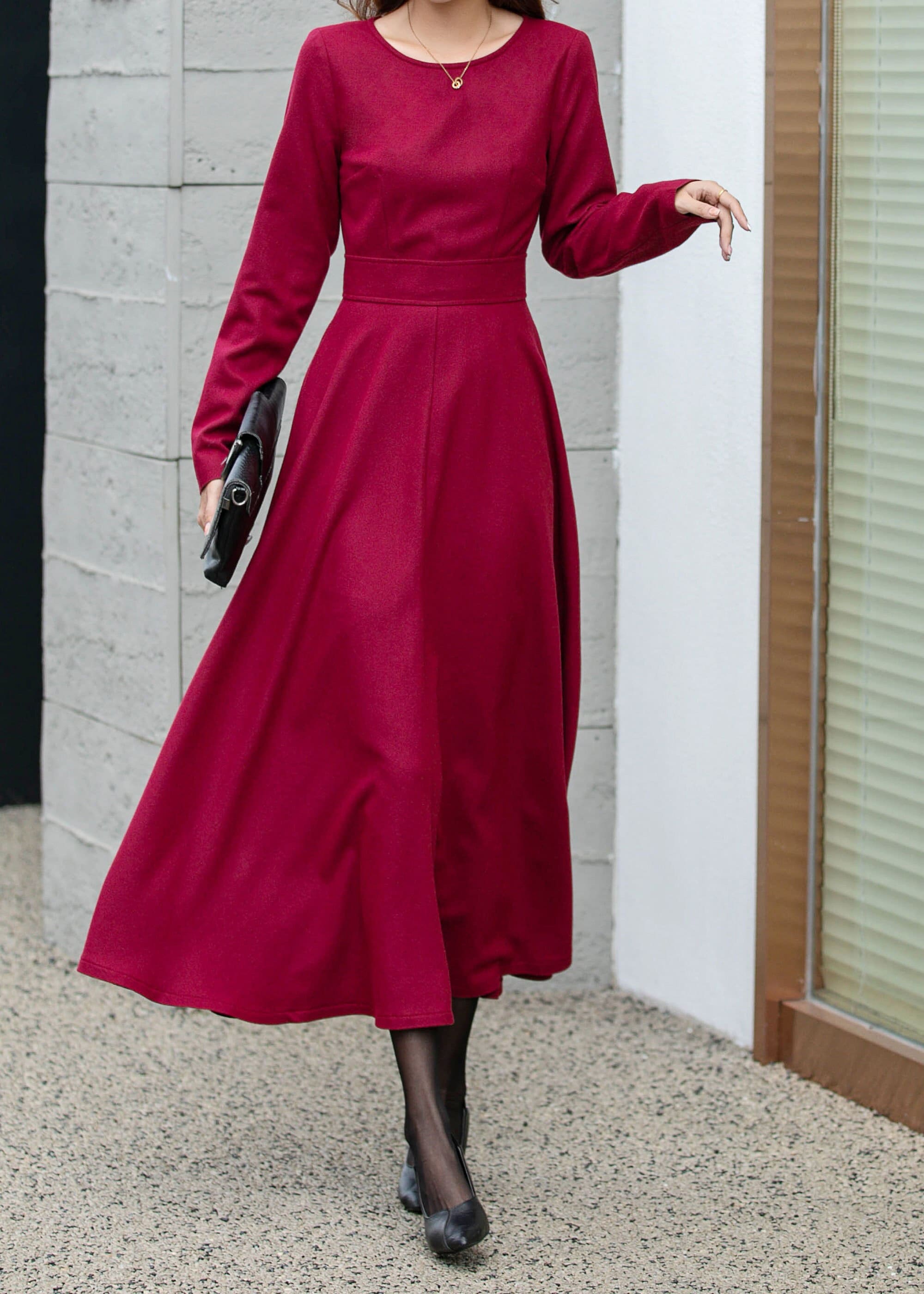 Winter Wool Dress, Wine Red Wool Dress, Long Sleeves Dress, Fit and Flare  Dress, Elegant Dress, Womens Dresses, Made to Order L0442 - Etsy