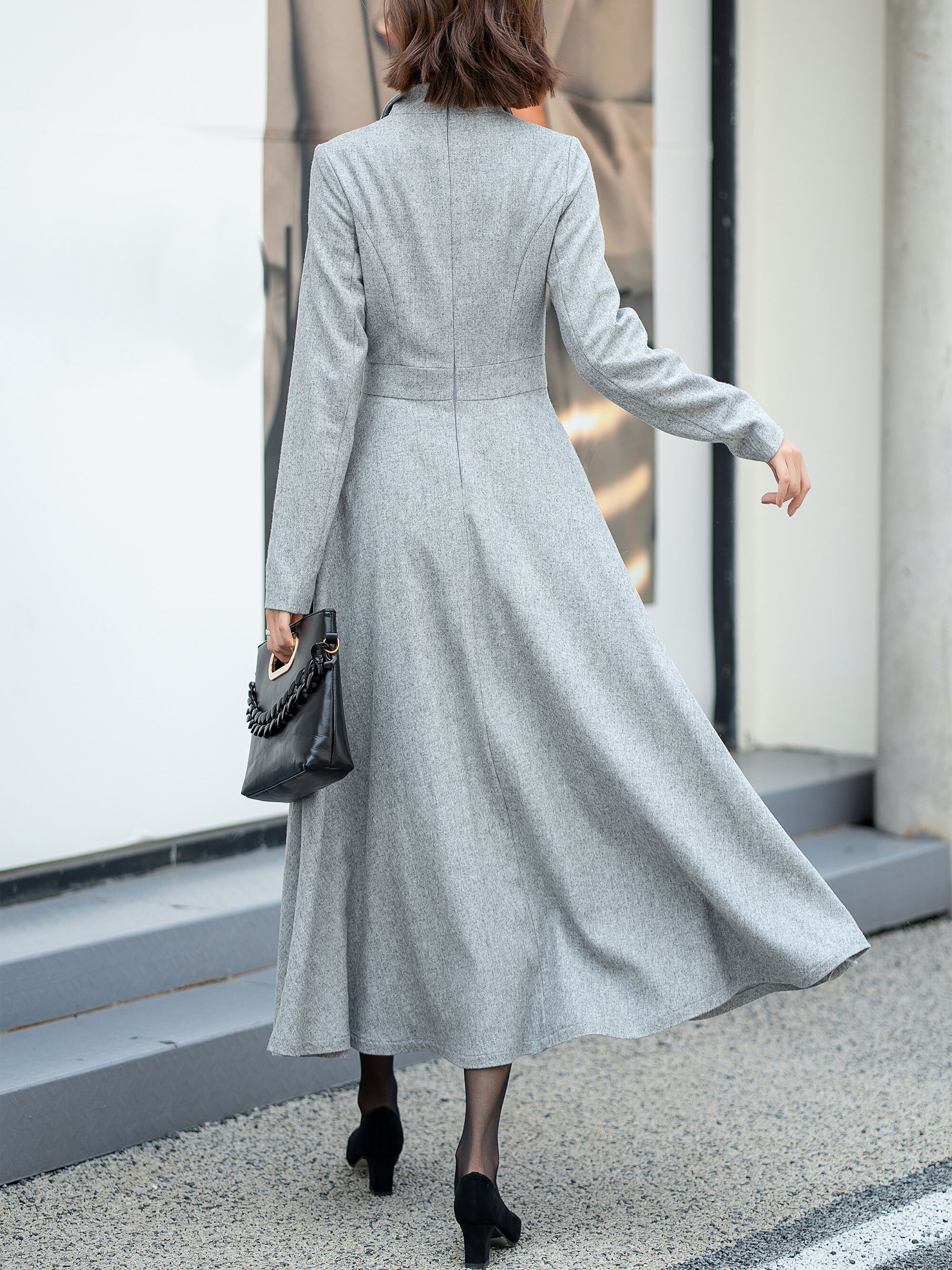 grey wool long sleeve dress Grey Wool Midi Dress  Long Sleeve Elegant Winter Dress with Pockets 3849 Grey / XS