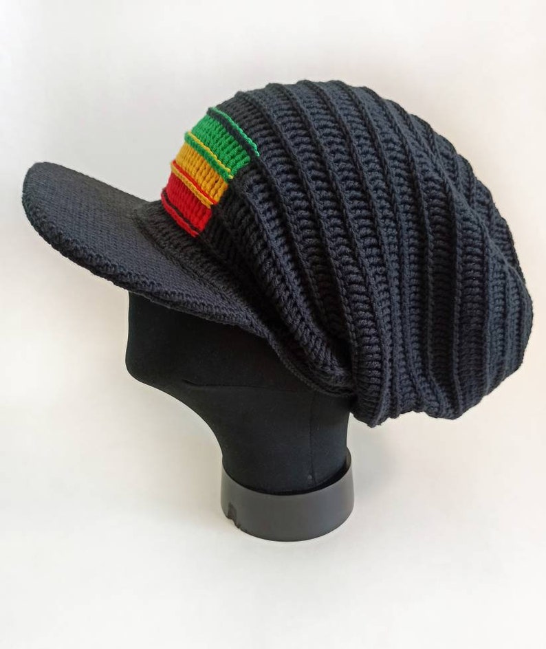 Green Yellow Red Stripe Dreadlocks Tam Crochet Rasta Beanie Black Stretch Rasta Hat with a visor Reggae Tam Rastafari Hat