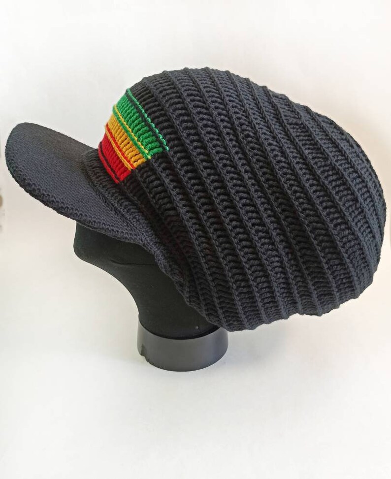 Green Yellow Red Stripe Dreadlocks Tam Crochet Rasta Beanie Black Stretch Rasta Hat with a visor Reggae Tam Rastafari Hat