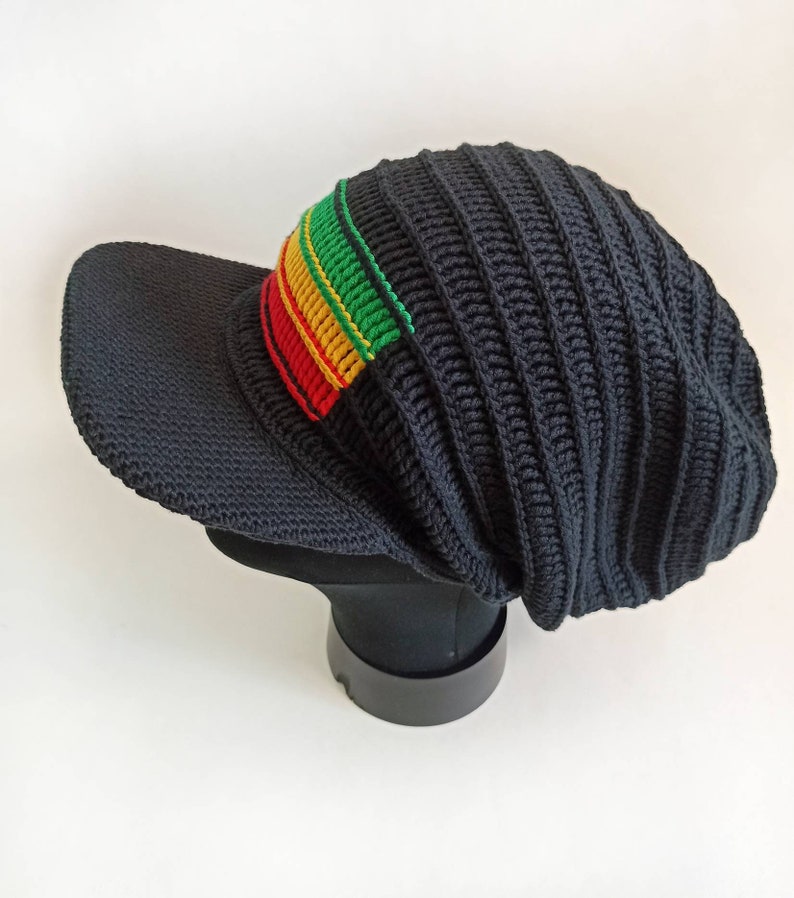 Green Yellow Red Stripe Dreadlocks Tam Crochet Rasta Beanie Black Stretch Rasta Hat with a visor Reggae Tam Rastafari Hat