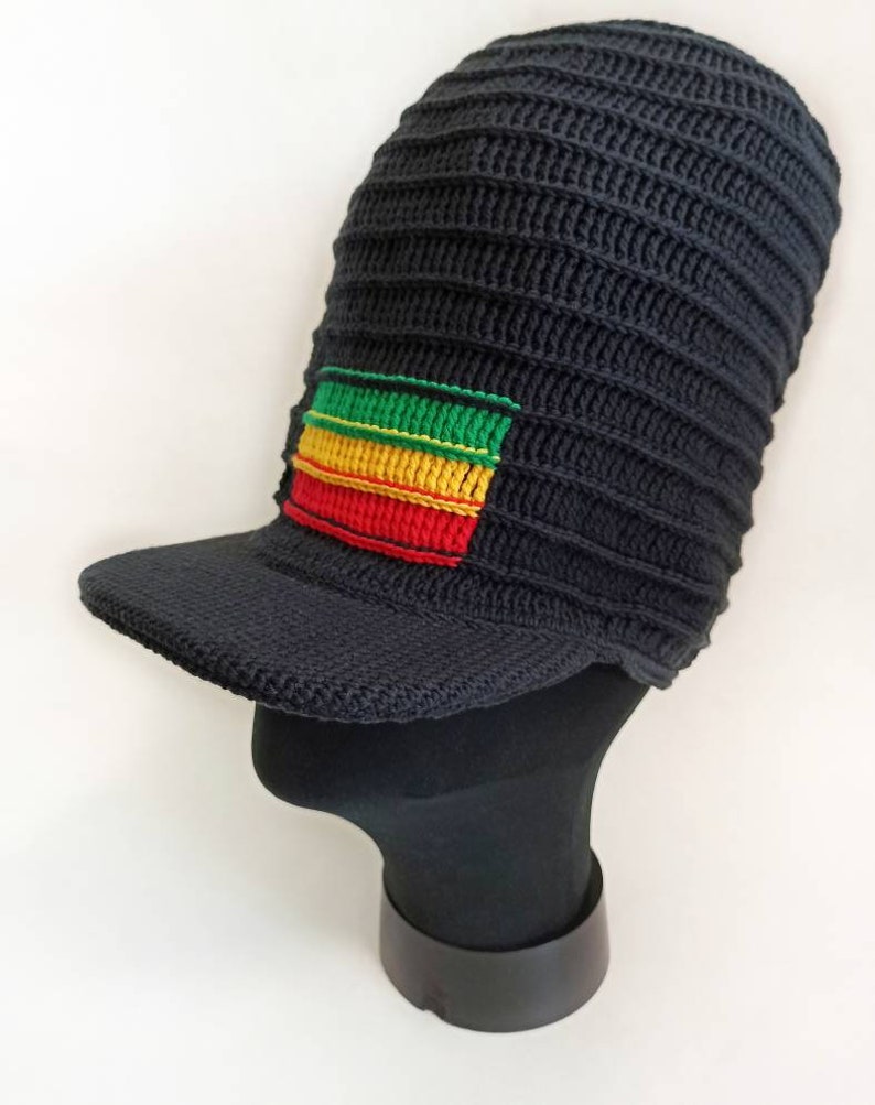 Green Yellow Red Stripe Dreadlocks Tam Crochet Rasta Beanie Black Stretch Rasta Hat with a visor Reggae Tam Rastafari Hat