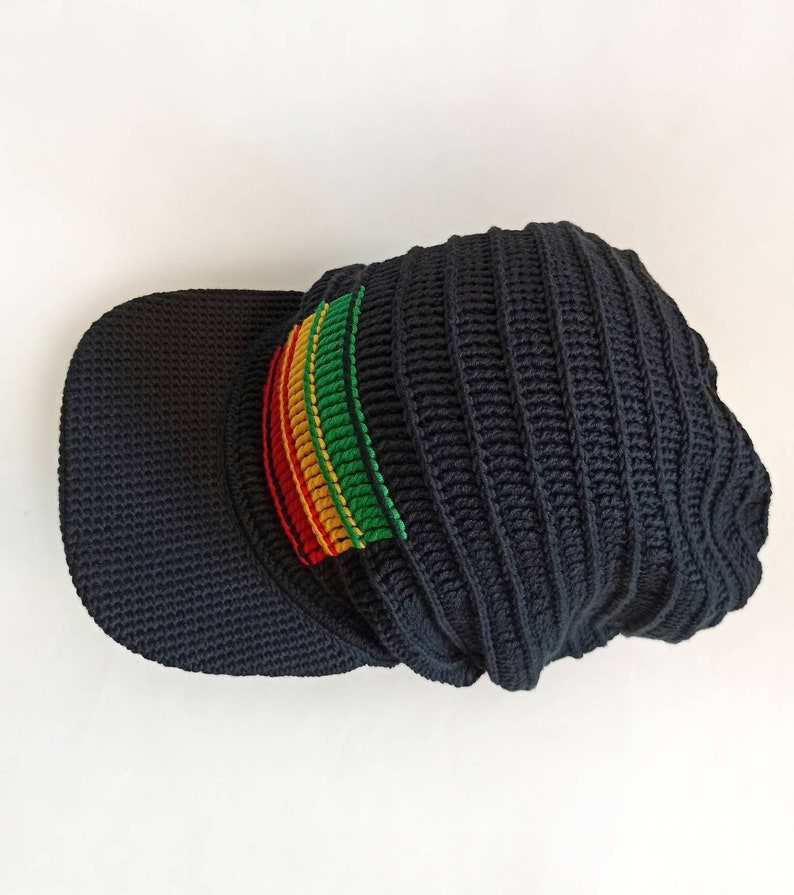 Green Yellow Red Stripe Dreadlocks Tam Crochet Rasta Beanie Black Stretch Rasta Hat with a visor Reggae Tam Rastafari Hat