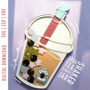 Digitale SVG PDF ESP Ricompensa Jar Bubble Tea Shaker w/Penguin Charm Boba Tokens & Stopper File per Laser Cutter Glowforge Xtool Mira Omtech