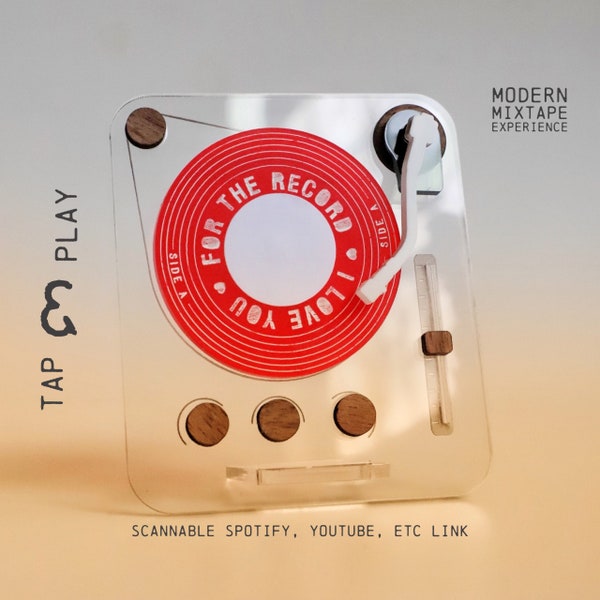 Customized Spotif√ Playlist Scannable NFC Mini LP Turntable Record Player Plaque Modern Mixtape w/ Red DETACHABLE Spinning Disk Tap & Play