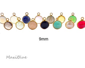 925 sterling silver, 1.5 micron, 18 karat gold-plated gemstone charms, 9 mm round, moonstone, ruby, smoky quartz, chrysophras, spinel, rose quartz charms