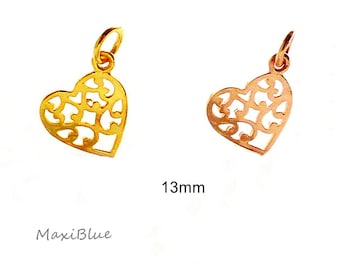 Pingente de Coração em Prata 925/Si.ro.vg. 13 mm, Pingente Ornamental de Coração, Pingente de coração vazado em filigrana banhado a ouro 925, pequeno pingente de coração em ouro rosa