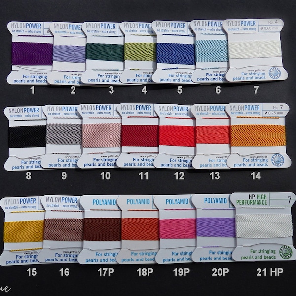 Griffin ® 2m Perlseide 2mm - 7mm in 19 verschiedenen Farben,Bead Cord 2m mit Nadel,Perlenbänder, diy Schmuck