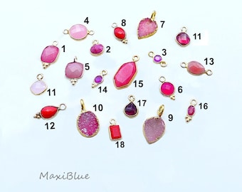Gemstone pendant, 925 sterling silver, gold-plated, red to pink gemstone charms and connectors, garnet connectors set in 925 sterling silver, various red gemstone charms