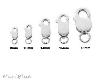 Könnte beinhalten: Fünf silberne Hummerverschlüsse in verschiedenen Größen: 8 mm, 10 mm, 14 mm, 16 mm und 18 mm. Die Verschlüsse sind alle aus Metall und haben eine glänzende Oberfläche.
