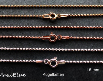 925 zilveren balletjeskettingen 1,5 mm in zilver, goud en rosé, balletjeskettingen in verschillende lengtes, sterling zilveren balletjeskettingen