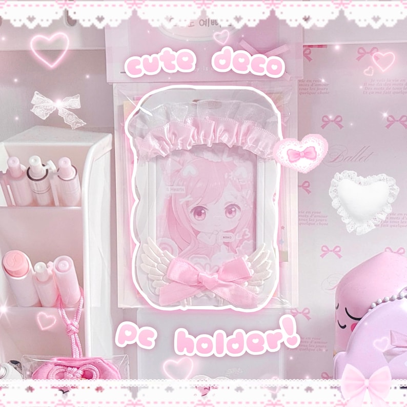 Pink Deco Photocard Holder Kpop Keychain Charm Cardholder Decorated image 2