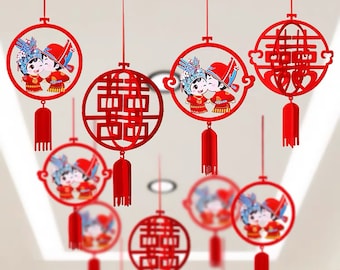 Chinese Wedding 3D Felt Lanterns, Wedding Decor, Party Decor, Chinese New Year Decor, Double Happiness, 6 in 1, 2 designs available