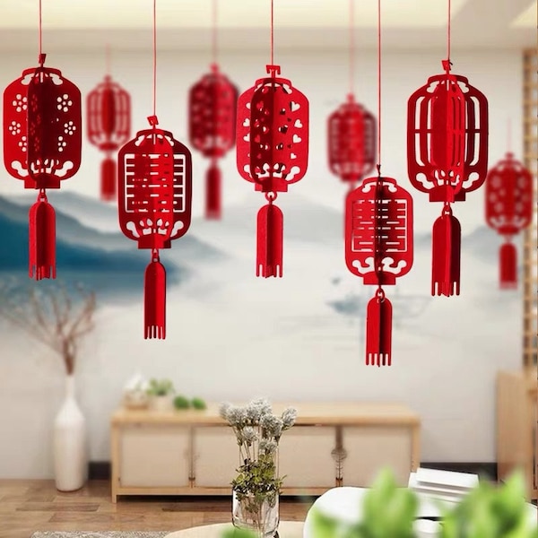 Chinese Wedding 3D Felt Lanterns, Wedding Decor, Party Decor, Chinese New Year Decor, Double Happiness, 4 design available