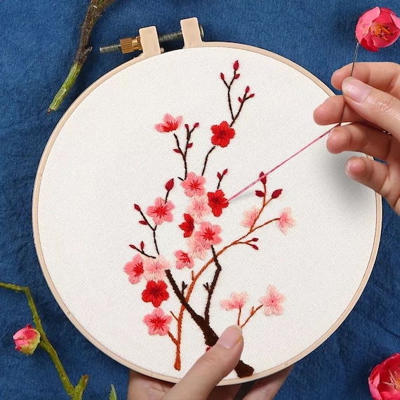 Blue Color Threads,and Needles Bamboo Embroidery Hoop Embroidery Kit Panda Stamped DIY Hand Embroidery Art kit for Beginners,Cotton Fabric with Pattern