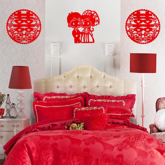 Chinese Wedding Red Felt Wall Decoration Decor Double Happiness Dragon And Phoenix Four Design Available Set Of 2