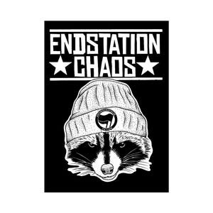 Op de afbeelding: Zwart-witte illustratie van een wasbeer die een beanie draagt met de tekst "Endstation Chaos" en een zwart anarchistisch symbool op de beanie.