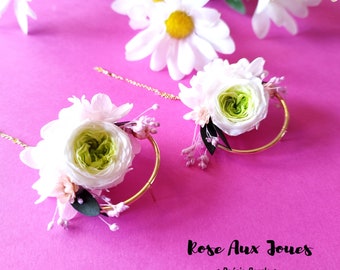 Boucles d'oreilles mariage en fleurs séchées et préservées blanc