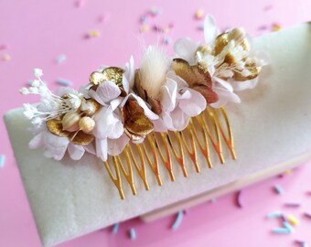 Peigne cheveux mariage en fleurs séchées et préservées blanc/ doré