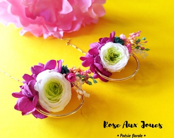 Boucles d'oreilles mariage en fleurs sechées et préservées blanc/ violine