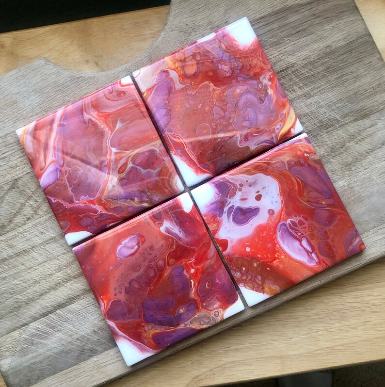 Set of Four Coasters Square Tile Coasters Acrylic Pour Art Etsy