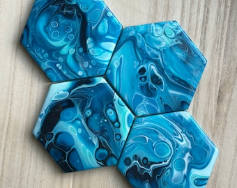 Turquoise Hexagon, fluid art, coasters, handcrafted, unique home decor, contemporary design, resin coasters, abstract patterns, Geometric