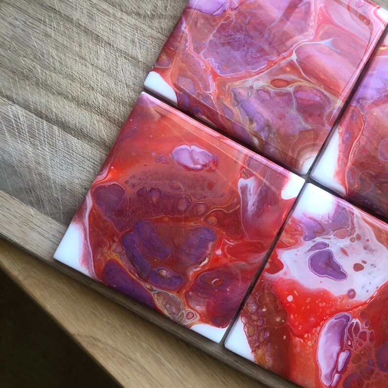 Set of Four Coasters Square Tile Coasters Acrylic Pour Art Etsy