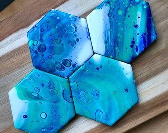 Turquoise Hexagon, fluid art, coasters, handcrafted, unique home decor, contemporary design, resin coasters, abstract patterns, Geometric