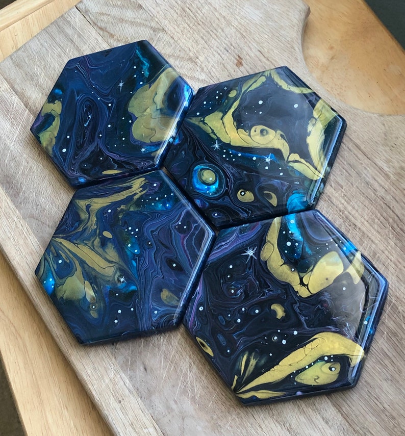 Galaxy Coasters Hex Coasters Resin Tile Coaster Fluid Art Etsy