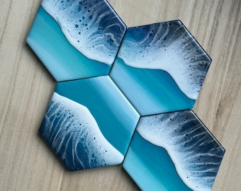 Coastal Decor, Resin Coasters, Ocean Wave Design, Beach House, Table Coasters, Handmade Coasters, Coastal Living, Resin Art Coasters, Waves