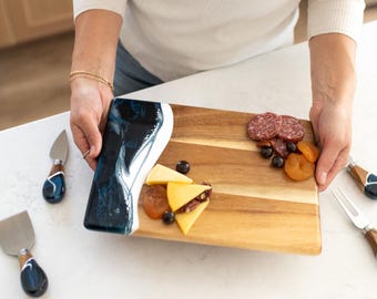 Handmade Acacia Wood Charcuterie Board: Ocean Resin Art, Designer Gift Box