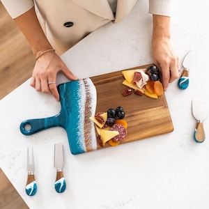 Ocean Resin Art Acacia Wood Cheese Board: Handmade Serving Tray (16" x 8")