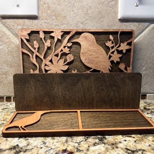 Handmade Laser Cut Wooden Mail Organizer – Two-Toned Stained Birch Mail Holder with Bird & Floral Design