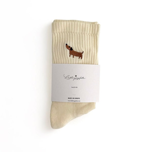 Lieblingspfote Bestickte "DACKEL" Socken Off White