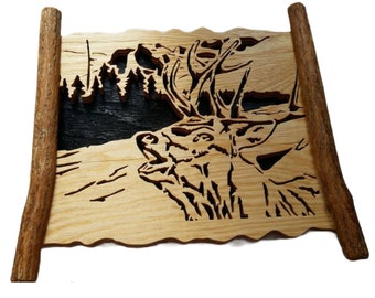 Wooden picture deer - handmade filigree sawing as a unique birthday gift and living room decoration for hunting lovers