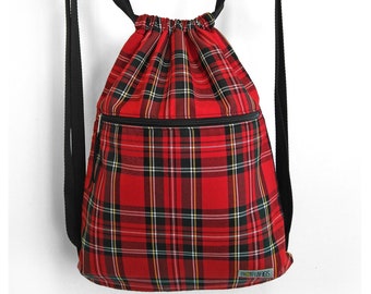 Drawstring backpack Red Plaid fabric, Scottish tartan backpack, tartan plaid cloth backpack