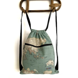 Sac à dos à cordon en tissu motif carte du monde, sac à dos unisexe, sac polyvalent