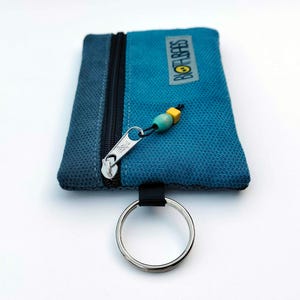 Op de afbeelding: Een turquoise blauw etui met een zwarte rits en een zilveren sleutelring. De etui heeft een label met "BIO BAGS" en een kleine kralen accent. Gemaakt van een textuurstof.