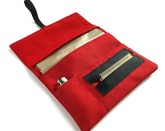 Pitillera tabaco de liar color rojo, Tabaquera de tela con bolsillos para accesorios fumador