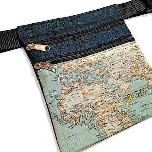 Waist Bag, Belt Bag, Cotton Fanny Pack, Fabric Hip Sack, Bum Bag, Festival Bag, Bum Pack Denim and World Map fabric image 1