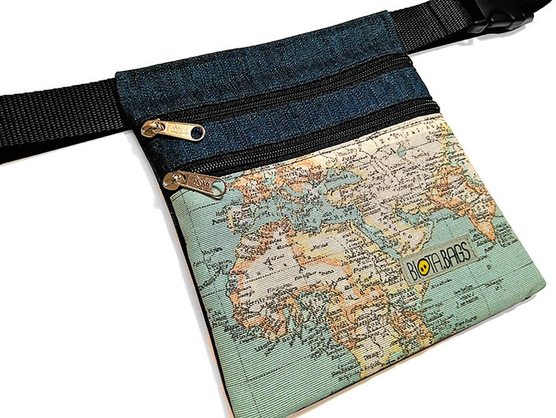Waist Bag, Belt Bag, Cotton Fanny Pack, Fabric Hip Sack, Bum Bag, Festival Bag, Bum Pack Denim and World Map fabric image 1