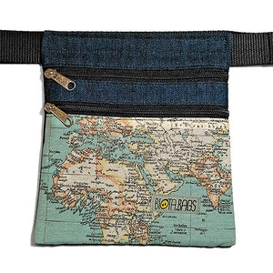 Waist Bag, Belt Bag, Cotton Fanny Pack, Fabric Hip Sack, Bum Bag, Festival Bag, Bum Pack Denim and World Map fabric image 2