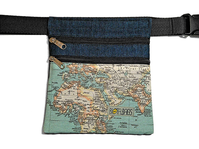 Waist Bag, Belt Bag, Cotton Fanny Pack, Fabric Hip Sack, Bum Bag, Festival Bag, Bum Pack Denim and World Map fabric image 2